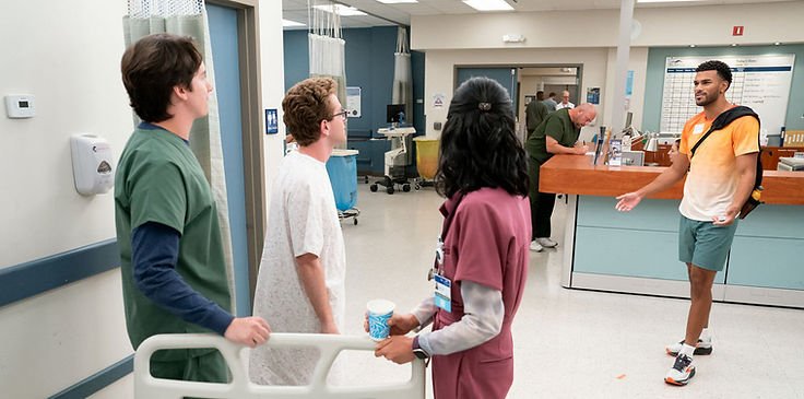 Mekki Leeper as Matt, Jonah Beckett as Kyle, Kahyun Kim as Serena looking toward Jeremiah Brown as Jeff in St. Denis Medical Season 2 Episode 6.