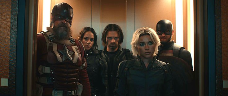 (L-R): David Harbour, Hannah John-Kamen, Sebastian Stan, Florence Pugh, and Wyatt Russell in Thunderbolts*. © Marvel Studios