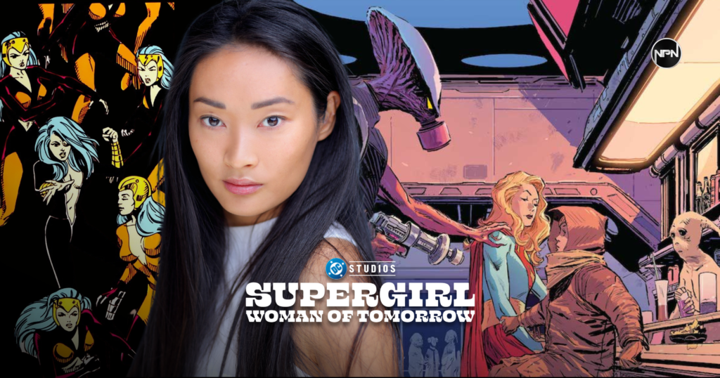 Alice Hewkin and Supergirl logo