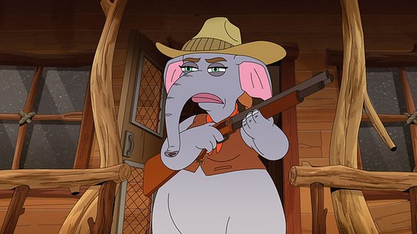 Coco the Compassion Pachyderm, an elephant in safari gear, stands in front of a log house with a shotgun in season 8 of Big Mouth