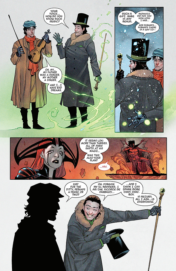 comic page showing Loki speaking to a musician while Mephisto and Sister Sorrow look on