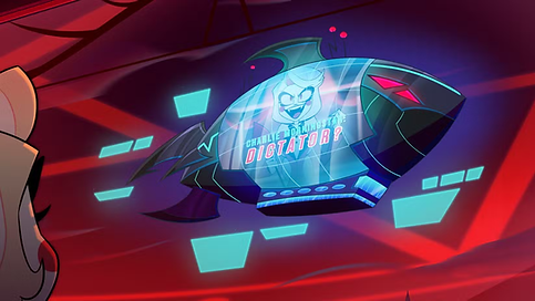 Charlie watches a blimp with an image of her own antagonistic-looking face on the side, with text reading "Charlie Morningstar Dictator?" in 'Hazbin Hotel' season 2