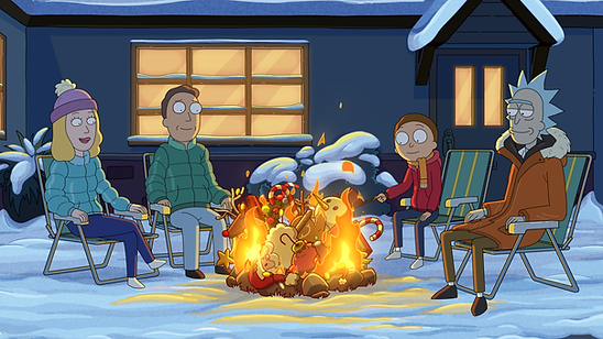 The Smith Family sits around a campfire made of Christmas decorations in Rick and Morty Season 8. © Adult Swim