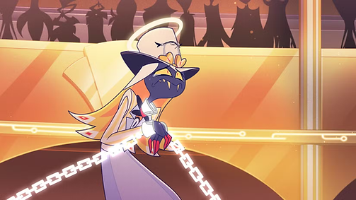 Sir Pentious in chains, wearing a white version of his costume, in 'Hazbin Hotel' season 2
