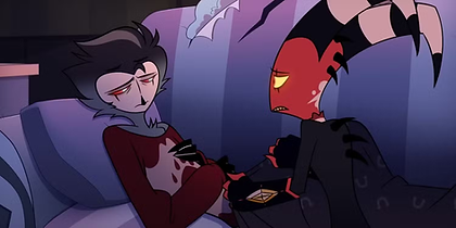 Stolas lies sadly on a worn sofa while Blitzo pulls a blanket up over him in Helluva Boss