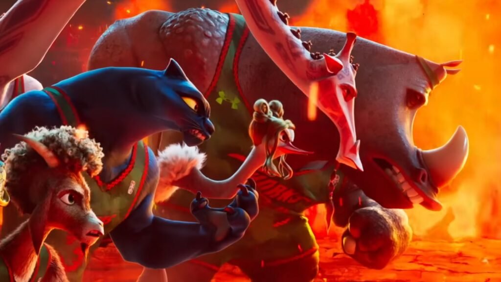 Will (Caleb McLaughlin), Jett (Gabrielle Union), Olivia (Nicola Coughlin), Lenny (Stephen Curry), and Archie (David Harbour) in fighting stances in GOAT.