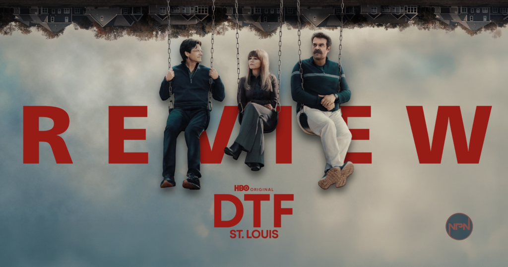 Jason Bateman, Linda Cardellini, and David Harbour sitting on swings. Text reads "REVIEW DTF St Louis"