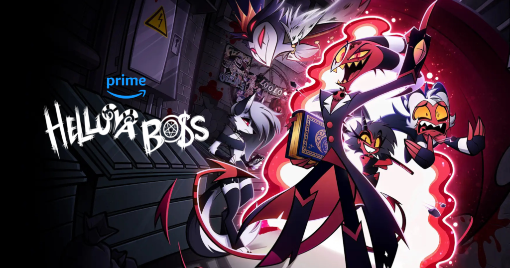 Stolas, Loona, Blitzo, Millie, and Moxxie coming through a red portal. Text reads Prime Helluva Boss