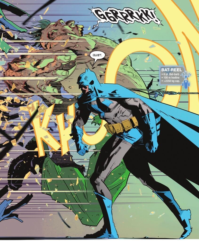 Batman using his Bat-reel to pull a goon towards him and through a window.