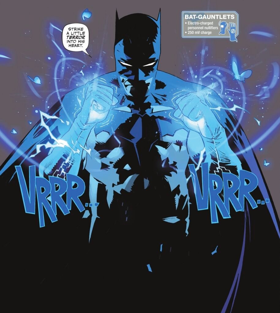 Batman raising his fists, electrically charged gauntlets crackling with energy.