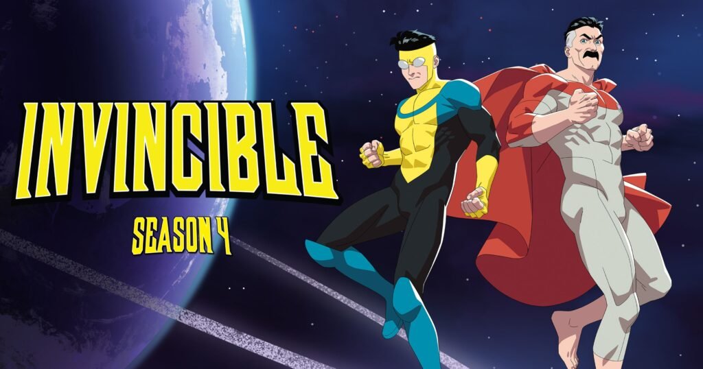Mark and Nolan floating in space with their hero costumes on. There is a planet with a ring on the background. The text reads Invincible Season 4