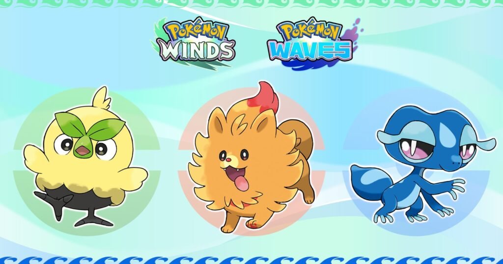 A trio of Pokemon below the logos for Pokemon Winds and Pokemon Waves