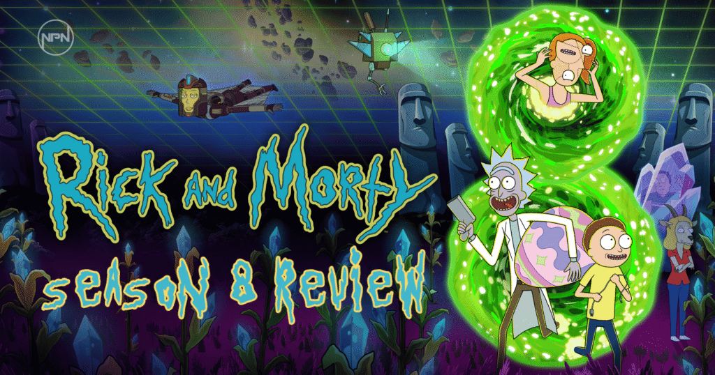 Rick and Morty coming through a portal in the foreground of high concept sci-fi rigmarole. Text reads "Rick and Morty Season 8 Review"