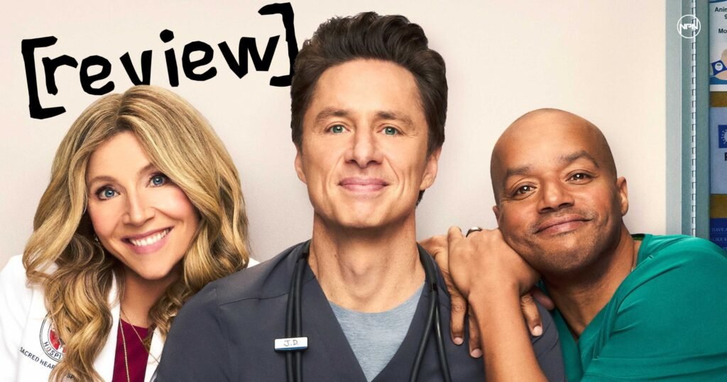 Sarah Chalke as Elliot Reid, Zach Braff as John Dorian, and Donald Faison as Turk below the word "Review"