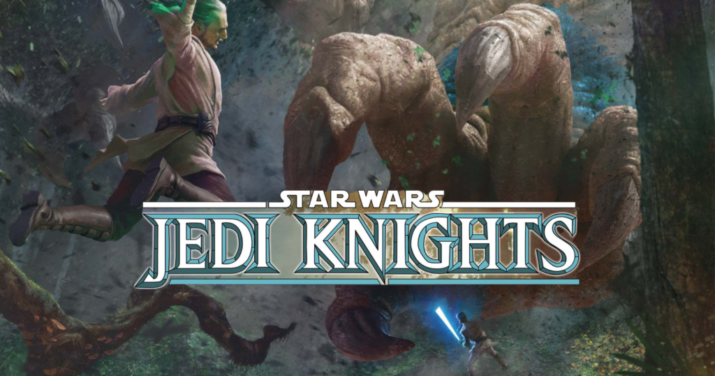 Qui-Gon Jinn fighting a spider-like monster with his lightsaber. Text reads "Star Wars Jedi Knight"