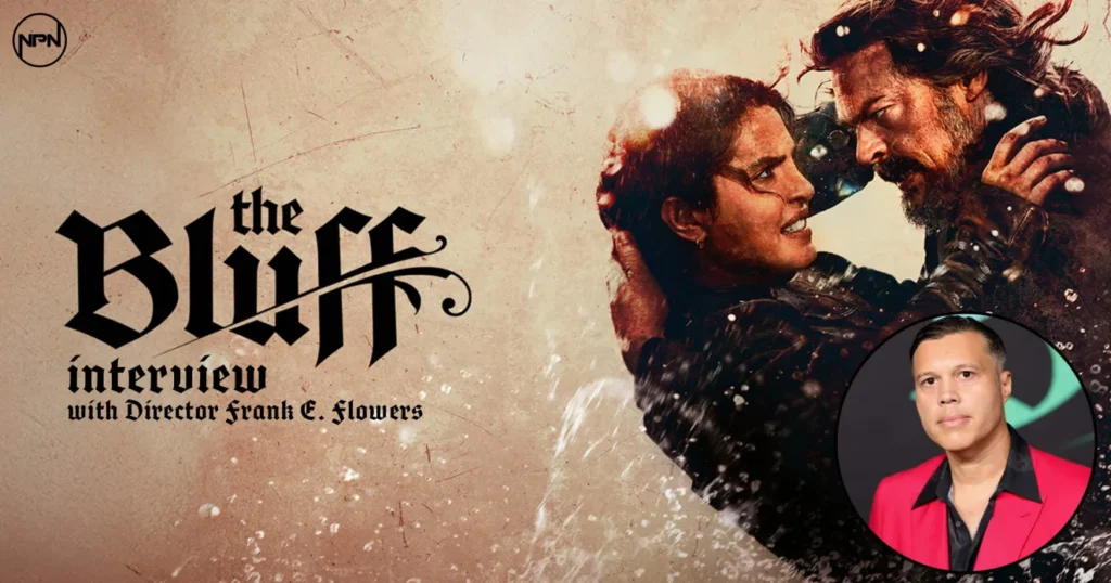 Promotional photo of the fight between Ercell (Priyanka Chopra Jonas) and Connor (Karl Urban). And a circular photo of director Frank E. Flowers.