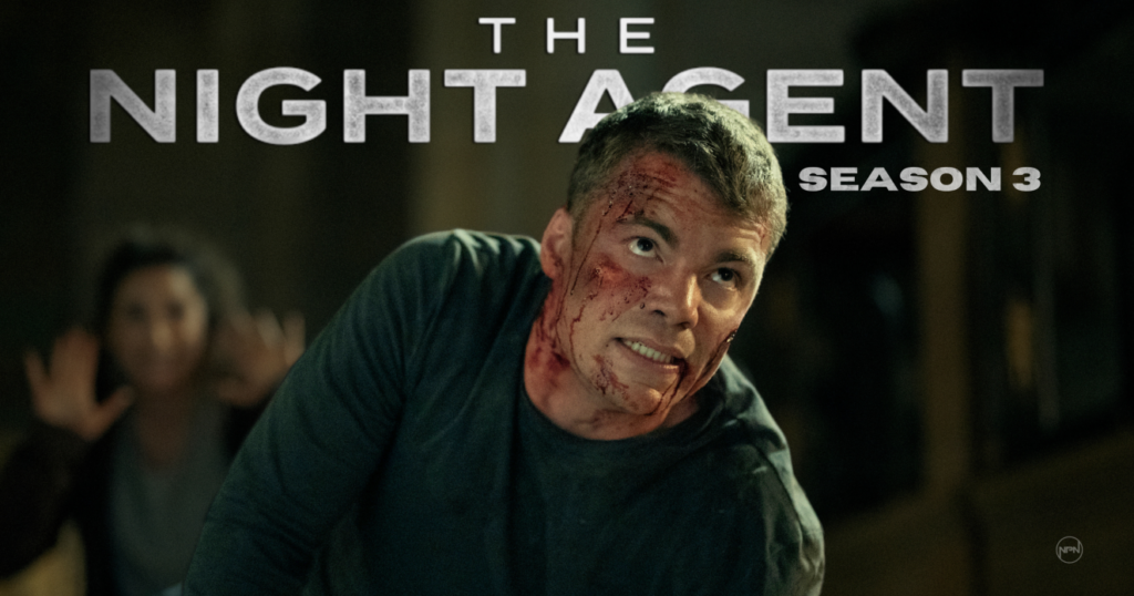 Gabriel Basso as Peter Sutherland, the Night Action agent, with blood on his face, looking determined in a tense moment from The Night Agent Season 3