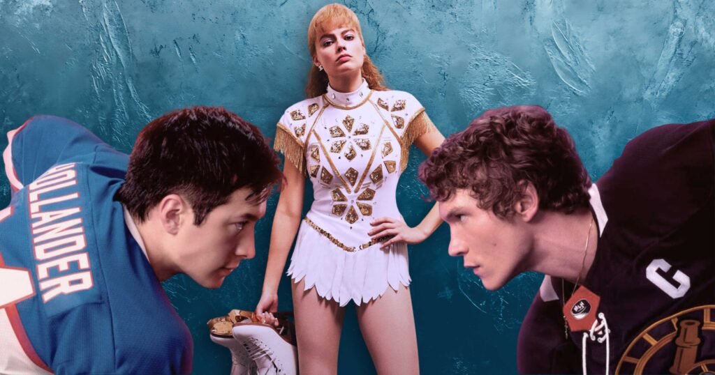 Hudson Williams as Shane Hollander and Connor Storrie as Ilya Rozanov from Heated Rivalry, posed as if playing hockey, and Margot Robbie as Tonya Harding in I, Tonya, holding her skate.