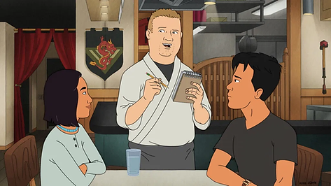 Connie (left) and Chane (right) eat a meal at Bobby (center)'s restaurant in King of the Hill© Hulu