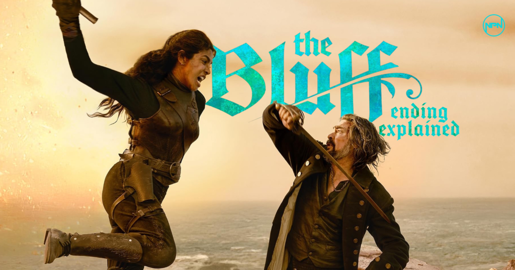 Priyanka Chopra Jonas as Ercell “Bloody Mary” Bodden and Karl Urban as captain Connor fighting in The Bluff