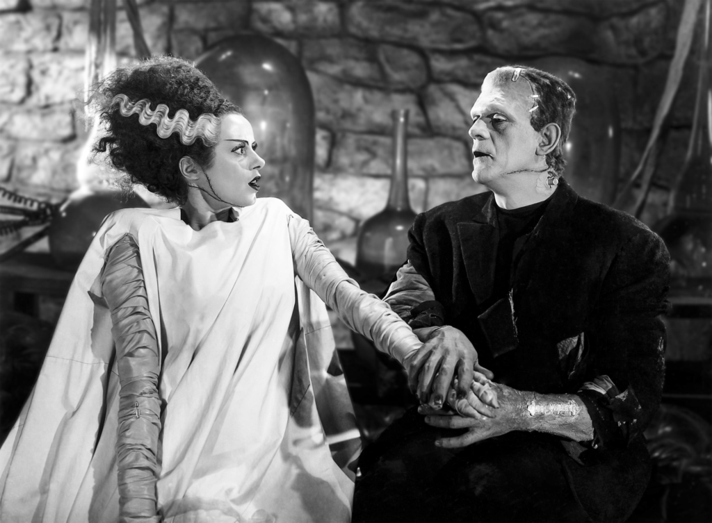 Elsa Lanchester as the Bride and Boris Karloff as the Monster in The Bride of Frankenstein