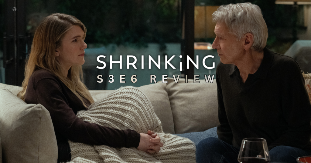 Lily Rabe as Meg and Harrison Ford as Paul sat on a sofa, facing each other, while holding hands in Shrinking Season 3