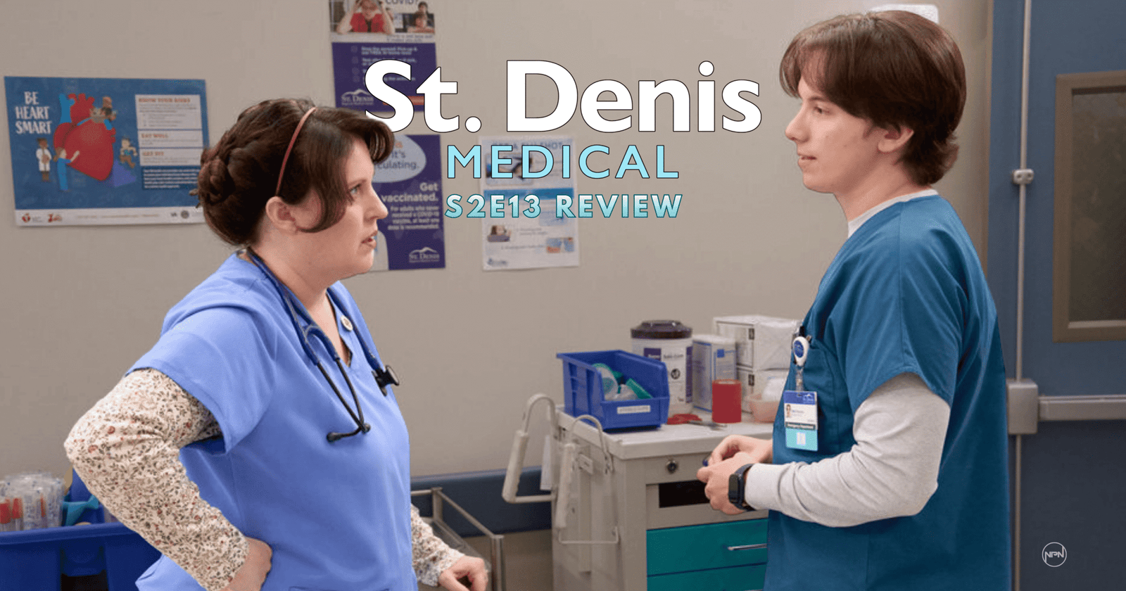 Allison Tolman as Alex and Mekki Leeper as Matt facing each other in conversation in St. Denis Medical